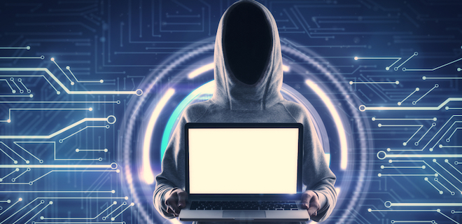 Hacker holding empty laptop on abstract digital circuit background. Data and ad mockup concept
