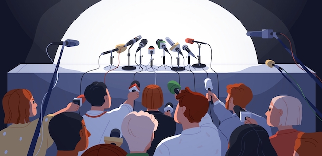 Empty press conference table with microphones. Backs of journalists, reporters audience with mics waiting for speaker. Official public meeting, news event with mass media. Flat vector illustration