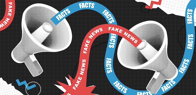 Contemporary art collage. Megaphone with Facts vs Fake News. Social media propaganda. False and truth information spreading. Conspiracy theory. Vector vintage pop art composition banner