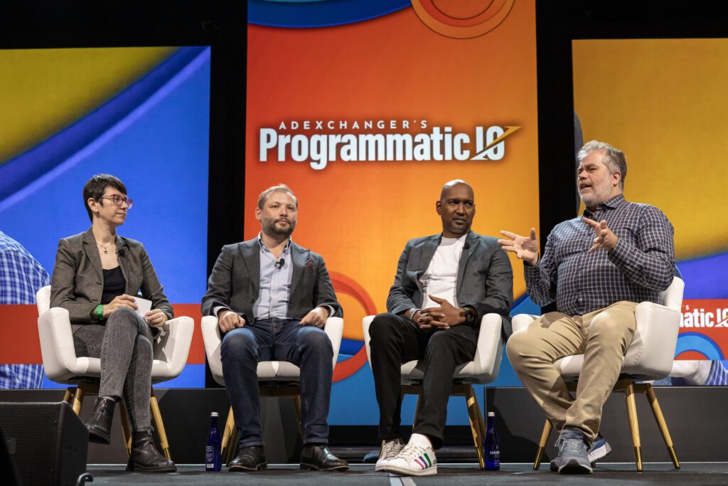 Allison Schiff, Managing Editor at AdExchanger, Ben Hovaness, CMO at OMD, Caval Khan, Chief Growth Officer at Group Black, and Ari Paparo, and CEO & Contributor of Marketecture Media sitting down on stage at AdExhanger's Programmatic IO to discuss the future of the open internet.