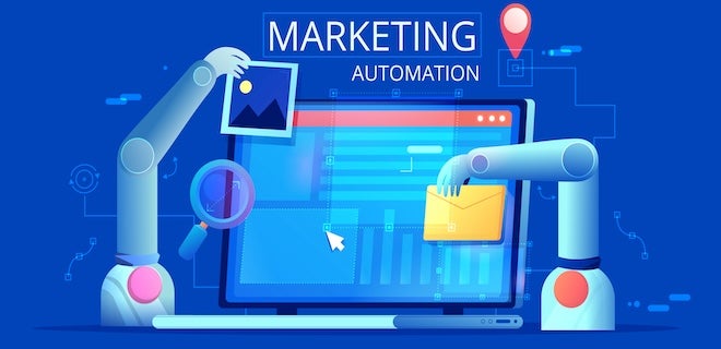 Marketing Automation. Computer with a site that builds the robot's hands. Vector flat illustration.